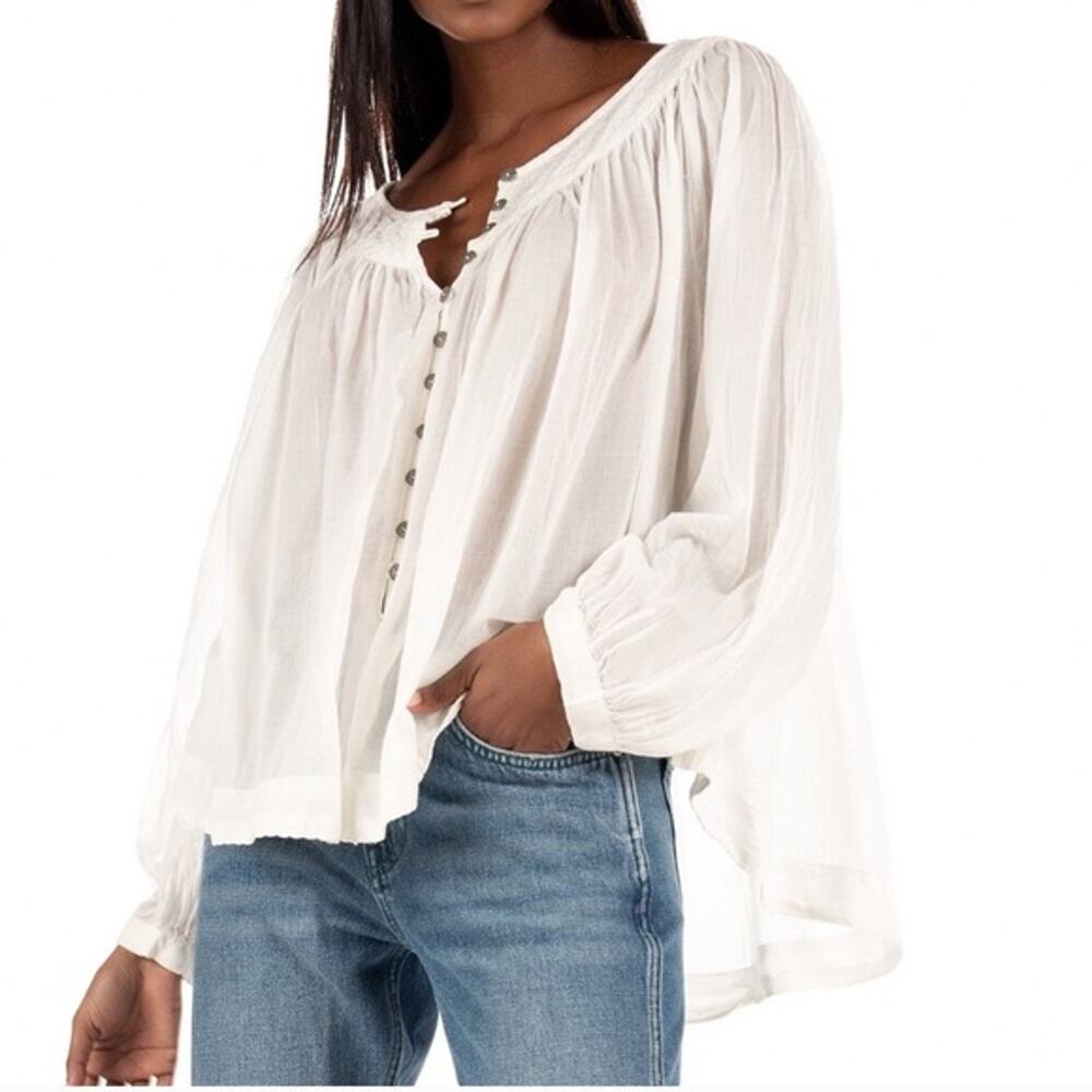 Free People White Boho Button Front Cool Meadow Cotton Top - Picture 3 of 12